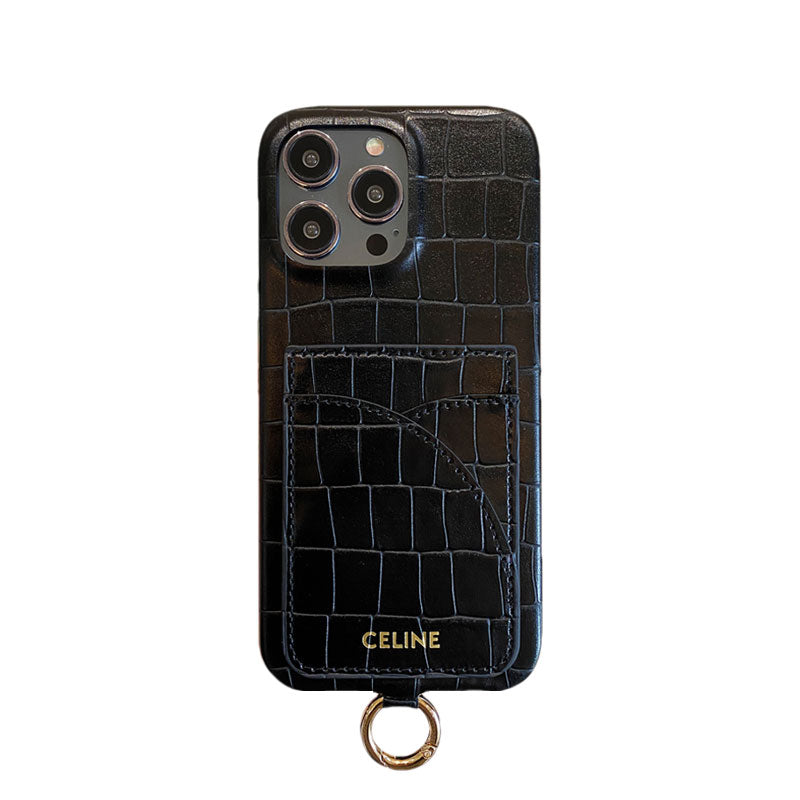 Alligator Print Celine iPhone Case With Card Holder And Strap Green -EYP241415