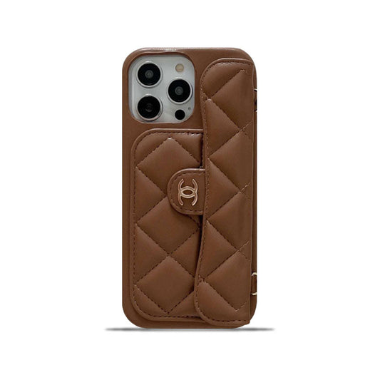 Leather CC iPhone Case With Crad Holder  And Strap Brown -ZSK240606