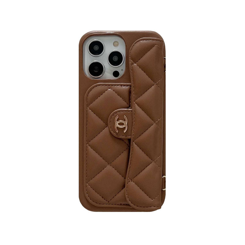 Leather CC iPhone Case With Crad Holder  And Strap Brown -ZSK240606