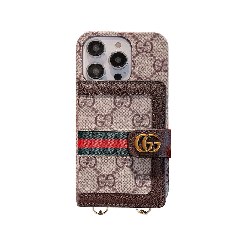 GG iPhone Case With Card Holder And Strap Brown -SZK240401