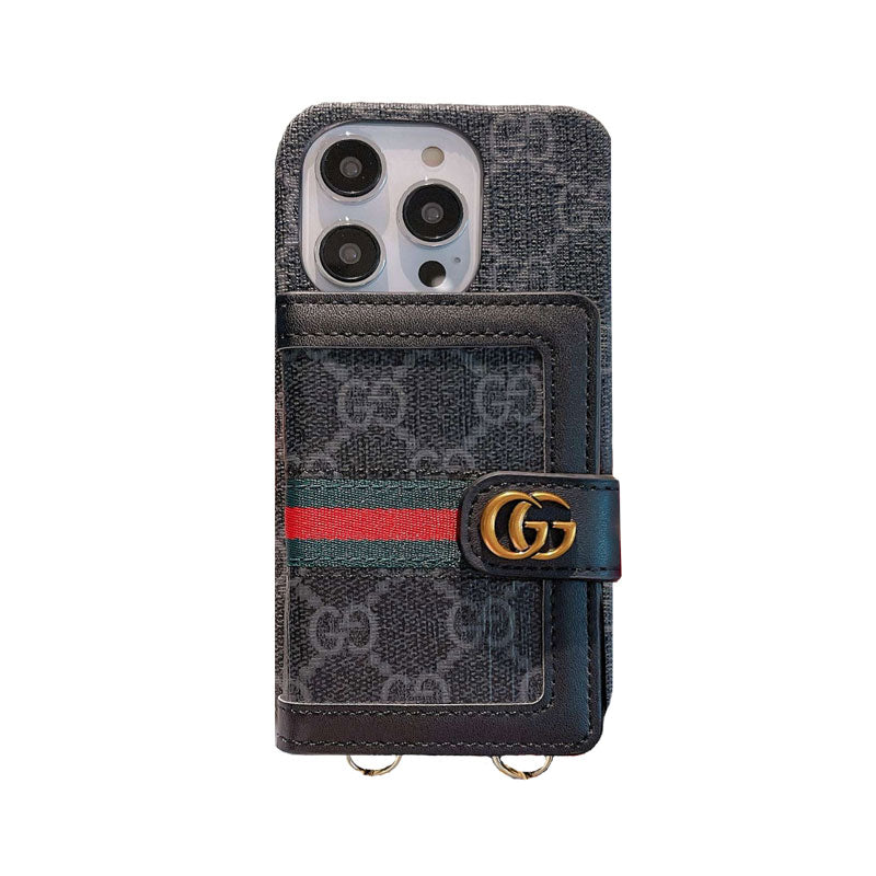 GG iPhone Case With Card Holder And Strap Brown -SZK240401