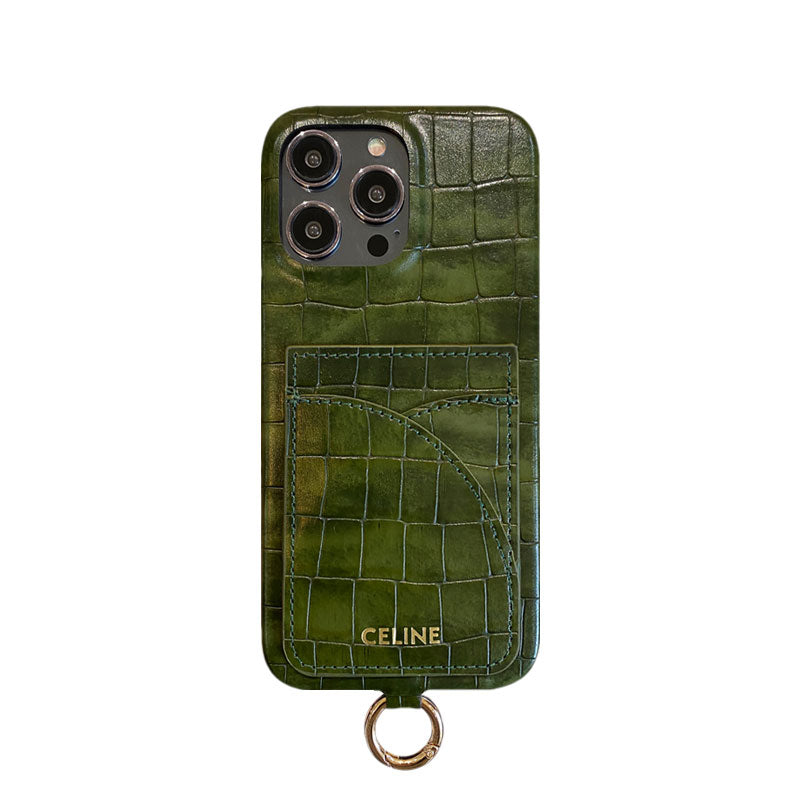 Alligator Print Celine iPhone Case With Card Holder And Strap Blcak -EYP241415