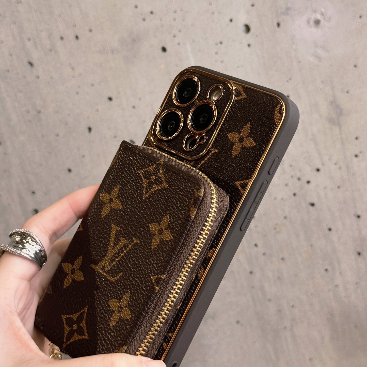 Monogram iPhone Case With Wallet Brown Big Printing-LQB240329