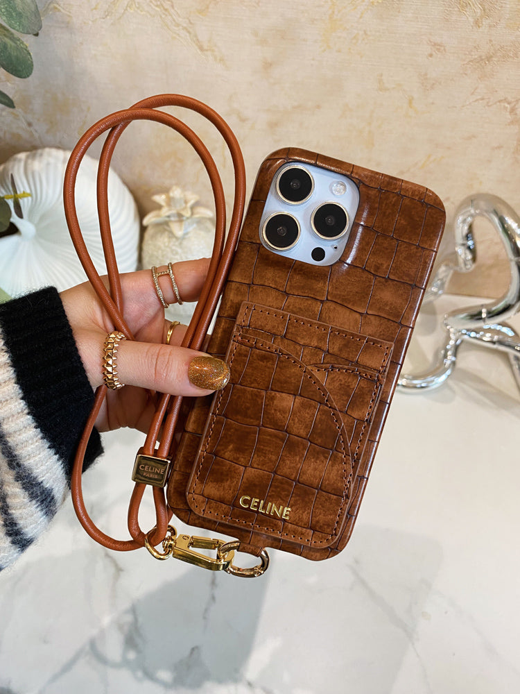 Alligator Print Celine iPhone Case With Card Holder And Strap Brown -EYP241415