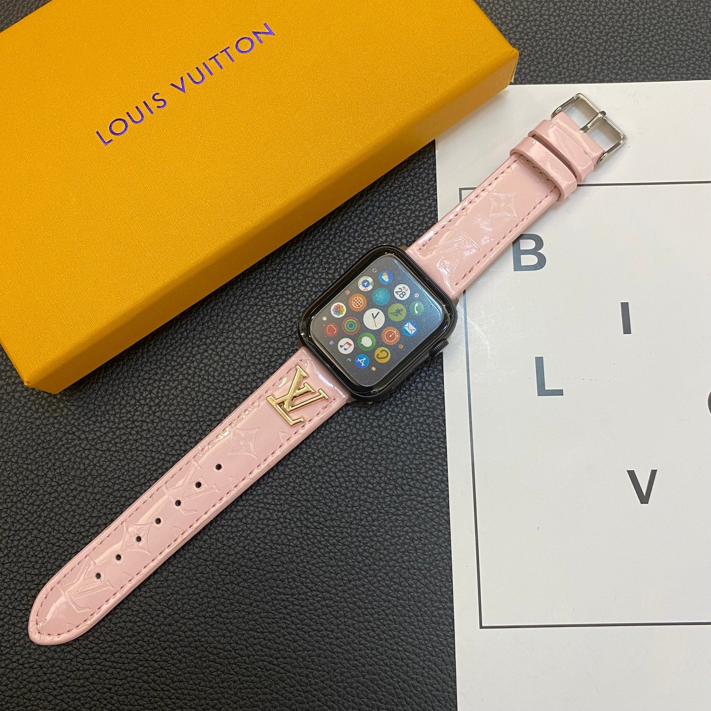 Leather Monogram Apple Watch Band PInk-LG241809