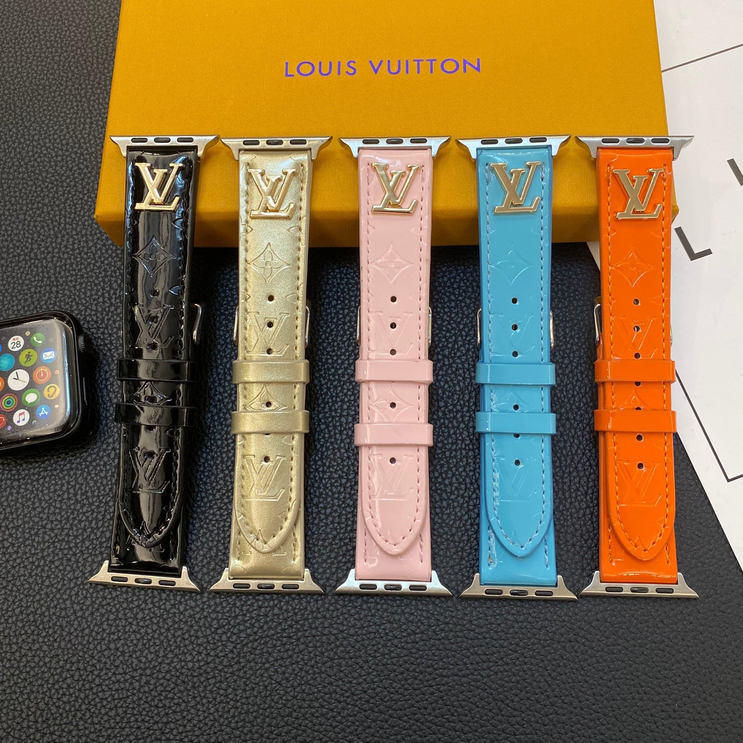 Leather Monogram Apple Watch Band Black-LG241809