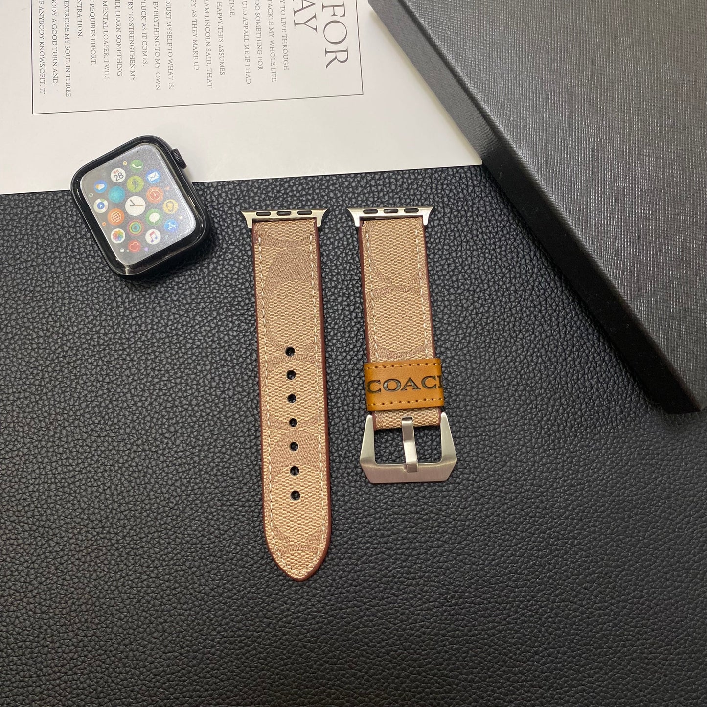 Leather Coach Apple Watch Band Light Brown-YHK244221710