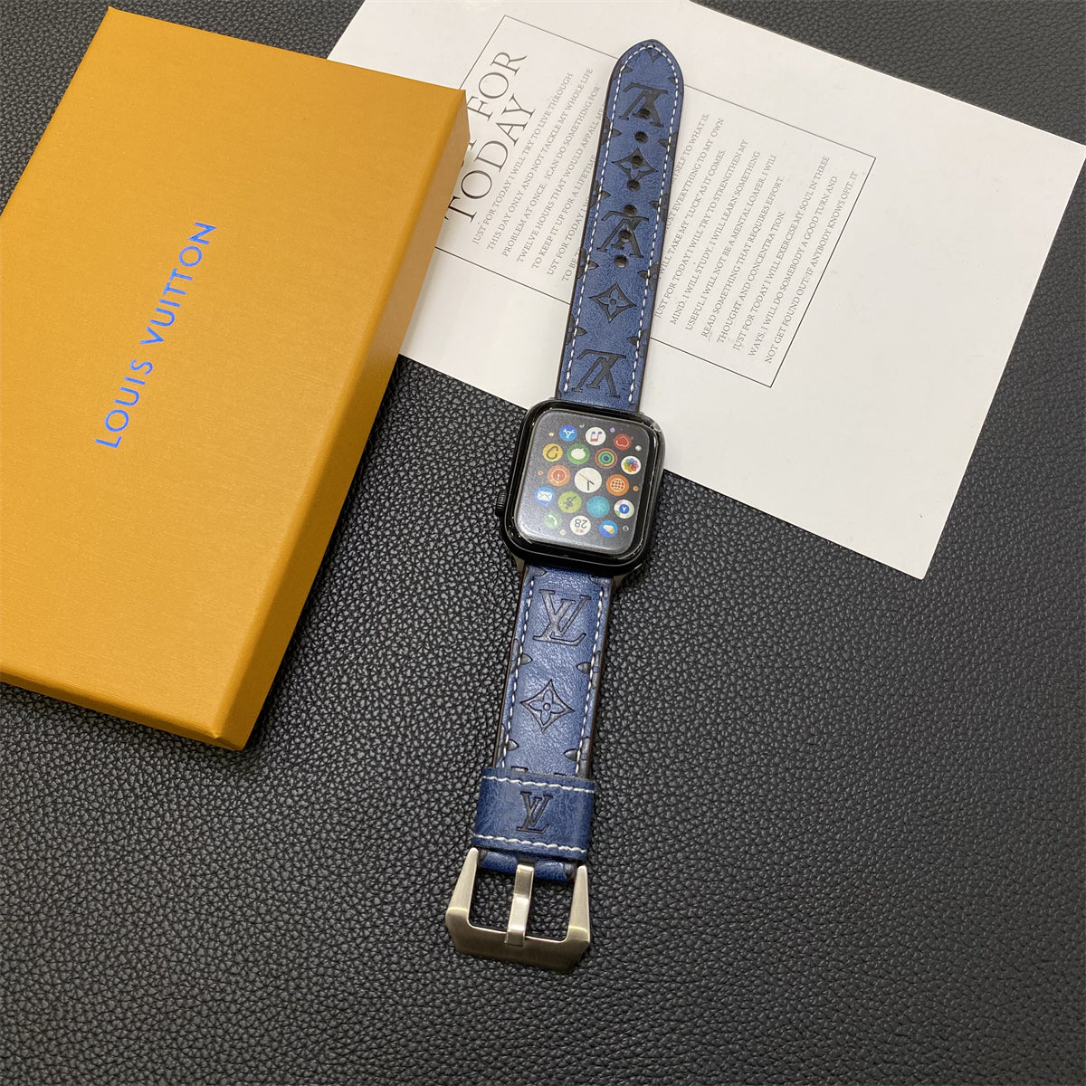 Leather Monogram Apple Watch Band Leather Blue-YH24422