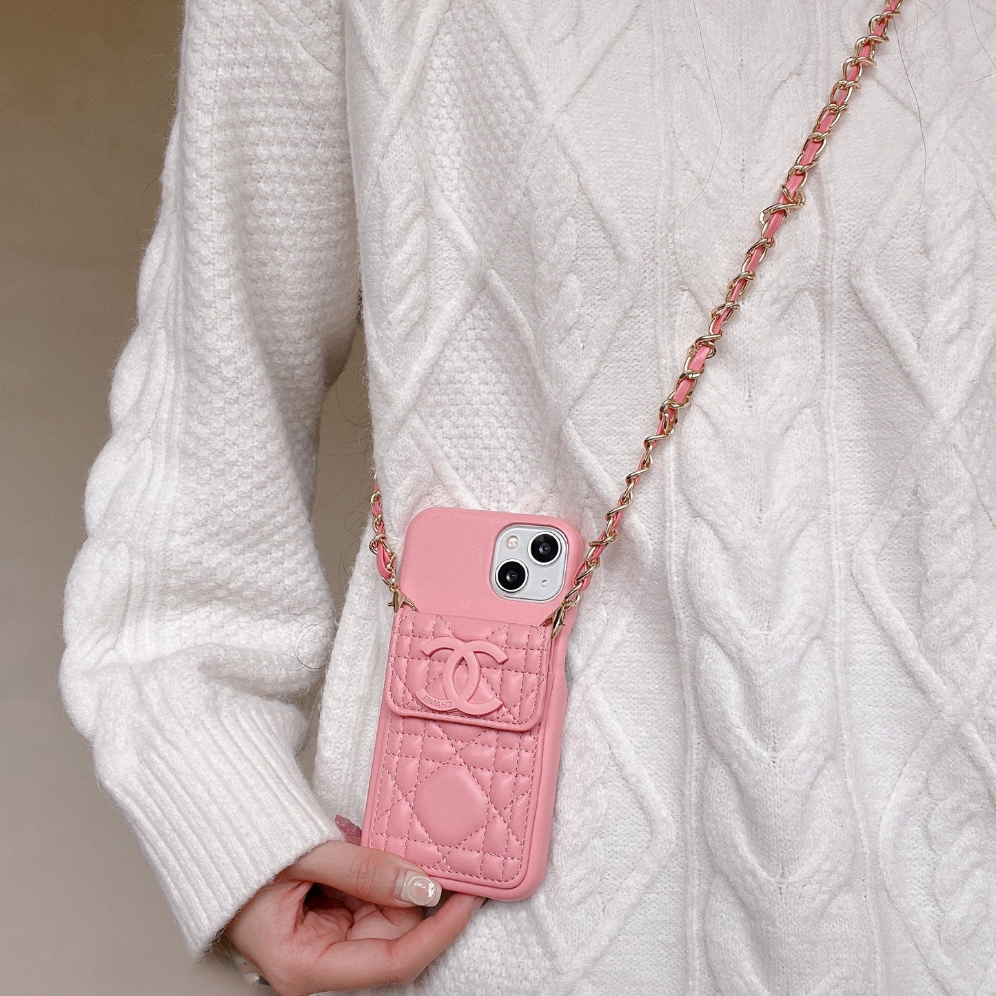 CC iPhone Case With Wallet And Strap Pink -GS241602