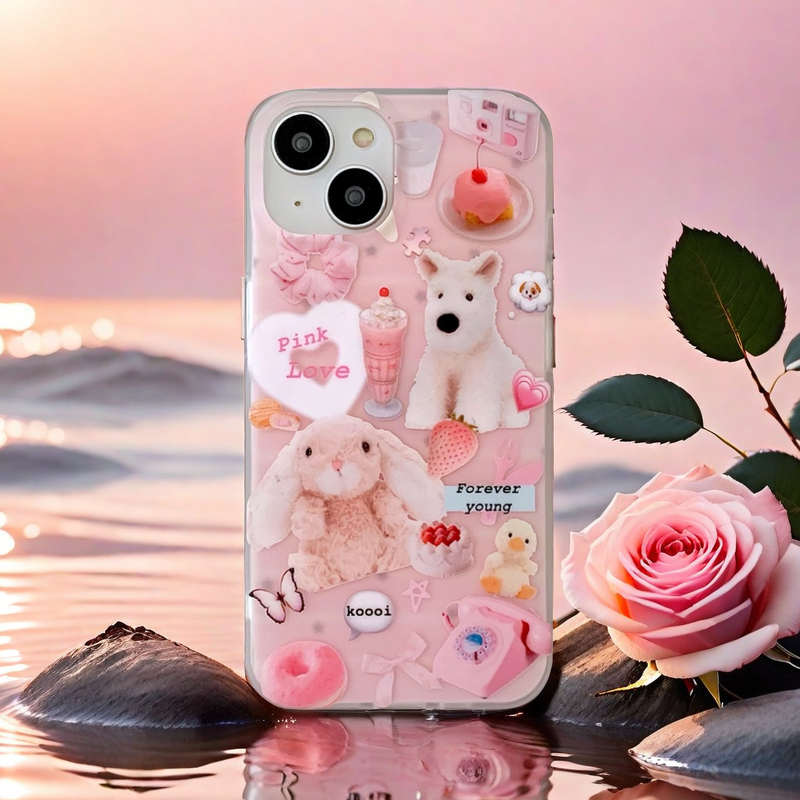 Frosted Phone Case | Pink Love Rabbit & Dog